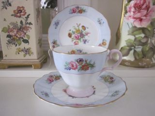 Gorgeous Vintage Grosvenor Floral Fine Bone China Trio With Pink And Blue