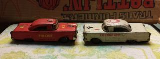 2 Vintage 1950s Japan Friction Tin Car Toys.  Emergency And Fire Chief Cars.  Cool