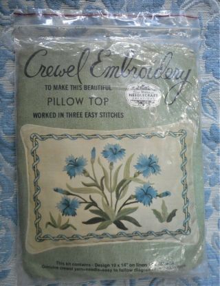 Blue Carnation Pillow Floral Vintage Elsa Williams KC319 Crewel Embroidery Kit 2