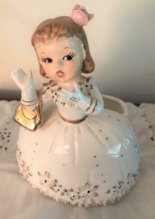 Vintage 1956 Napco Figural Planter Girl In White W/purse Such A Sweet Expression