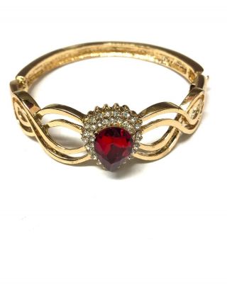 Vintage Gold Tone Ruby Red Rhinestone Hinged Bangle Bracelet