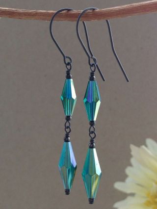 Vintage Teal Blue - Green Ab Faceted Crystals Oxidized Sterling Silver Earrings