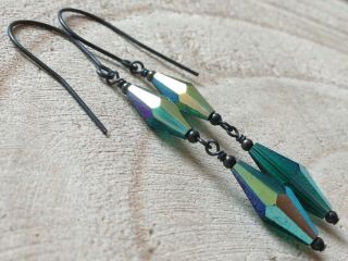 Vintage Teal Blue - Green AB Faceted Crystals Oxidized Sterling Silver Earrings 2