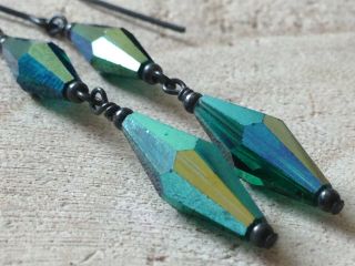 Vintage Teal Blue - Green AB Faceted Crystals Oxidized Sterling Silver Earrings 3