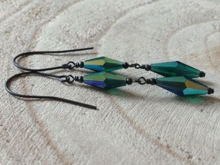 Vintage Teal Blue - Green AB Faceted Crystals Oxidized Sterling Silver Earrings 5