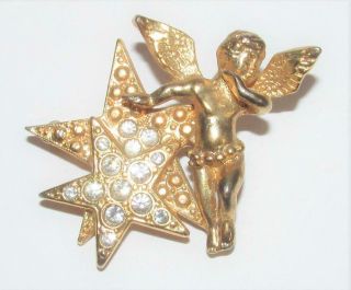 Vintage Kirks Folly Brooch - Goldtone Cherub With Stars