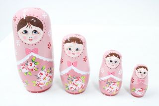 Vintage Wooden Matryoshka (russian) Dolls Babushka Pink Handmade Floral 710