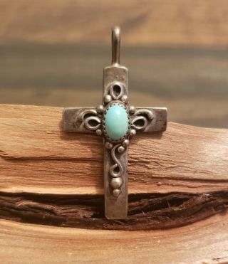 Vintage Native American Navajo Blue Turquoise Sterling Silver Cross Pendant 925