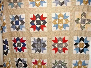 Qt 3,  Vintage Quilt Top,  Crown And Star,  Hand Stitched,  76 X 66 Inches