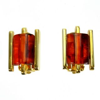 Vintage Mid Century Deco Red & Gold Plated Clip On Earrings
