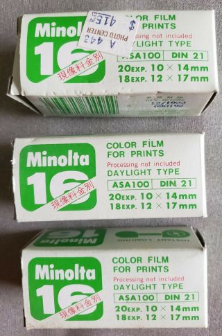 3 - Minolta 16 Expired 1993 Film Cartridges W/boxes Spy Nos Japan Vintage