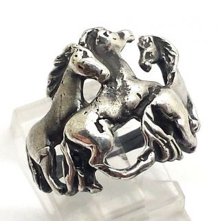 Vintage Horses Design Unique Fine Sterling Silver 925 Ring 6g Sz7.  25 A3235