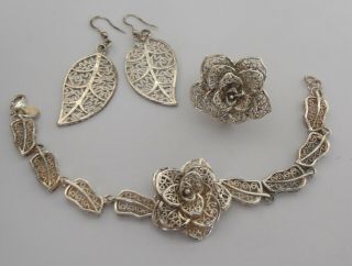 Vintage Sterling Silver Filigree Flower Design Bracelet Ring & Earrings 35 Grams