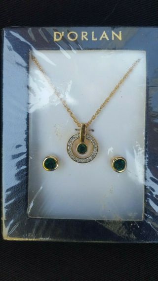 Vintage D’orlan Emerald & Diamond Paste Set Necklace Earrings Gold Tone