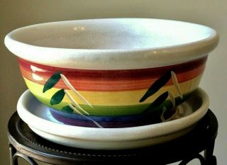 Vtg Lees Paramount California Pottery Flower Pot Planter W/saucer Rainbow Colors