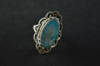 Vintage Sterling Silver Dome Ring W Blue Iridescent Stone - 7.  3g