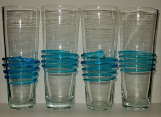 Set Of 4 Vintage Hand Blown Blenko Glasses / Tumblers With Applied Blue Swirl