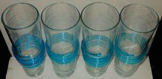 SET OF 4 VINTAGE HAND BLOWN BLENKO GLASSES / TUMBLERS WITH APPLIED BLUE SWIRL 7