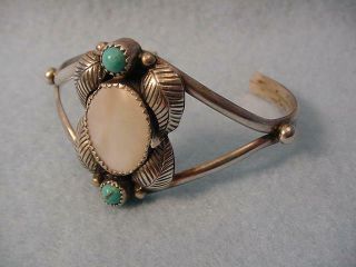 Vintage Sterling Mother Of Pearl & Turquoise Ring Cuff Bracelet