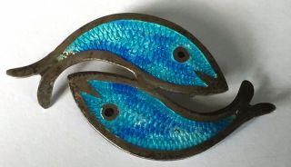 Signed Vintage Taxco Mexico Sterling Silver Blue Guilloche Enamel Fish Brooch