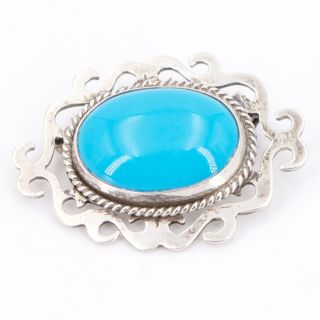 Vtg Sterling Silver - Mexico Taxco Filigree Turquoise Brooch Pin Pendant - 17g