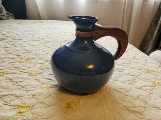 Vintage Bauer Pottery Blue Pitcher Coffee Carafe Los Angeles With Wood Handle
