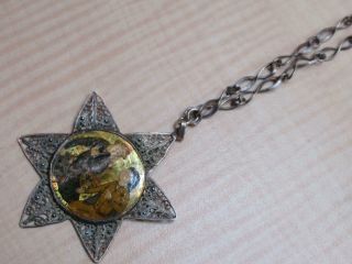 Vintage Sterling Silver Jewelry Necklace Filigree Star Painted Drinking Scene