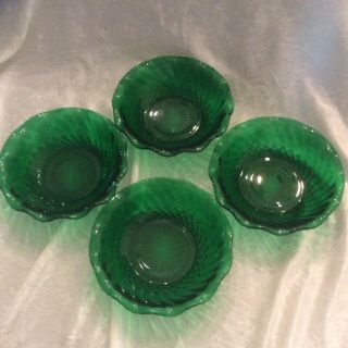 Vintage Emerald Green Diamond Cut Glass Scalloped Bowls