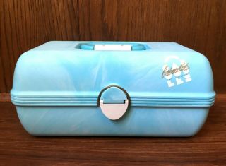 Vintage Caboodles 2 Tier Makeup Cosmetic Case W Mirror 80s 90s Teal Blue Marble
