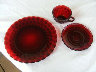 Vtg Anchor Hocking Ruby Red Bubble Dinner Plates,  Cups and Saucers 1941 to 1968 2