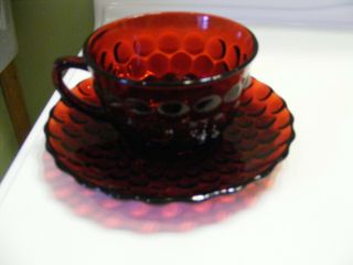 Vtg Anchor Hocking Ruby Red Bubble Dinner Plates,  Cups and Saucers 1941 to 1968 4