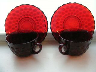Vtg Anchor Hocking Ruby Red Bubble Dinner Plates,  Cups and Saucers 1941 to 1968 5