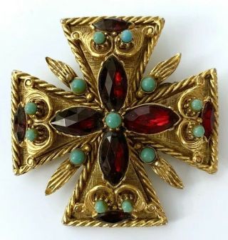 Vintage Signed Florenza Jeweled Maltese Cross Brooch Pin
