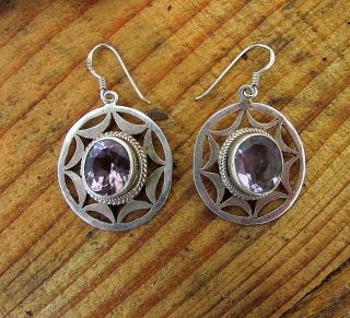 Vintage Hand Made Oval Amethyst Circle Drop Dangle Earrings Sterling Silver 925