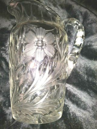 Vintage Elegant Glass 9 1/2” Tall Pitcher W/ Etched Flowers