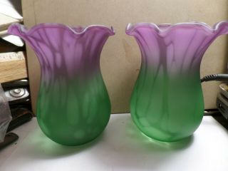 Vintage Art Glass Purple And Green Swirl Vases 4 1/2 " Tall