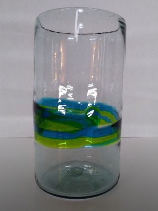 Large Vintage 11 " Hand Blown Art Glass Vase,  Centerpiece - Blue/green Swirl