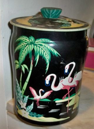 Vintage George Horner Metal Tin W/ Lid With Tropical Pink Flamingo Scene England