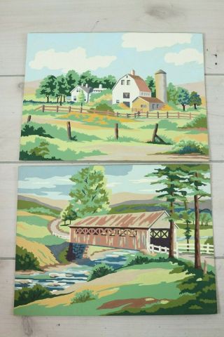 Vintage Pair Paint By Numbers Farm Barn Covered Bridge Pbn Country Scenes 12x16