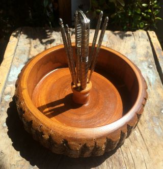 Vintage Rustic Wood Tree Trunk Nut Bowl With 4 Shell Picks Cracker Nutcracker