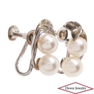 Mikimoto Vintage Pearl Sterling Silver Floral Screw Back Earrings Nr
