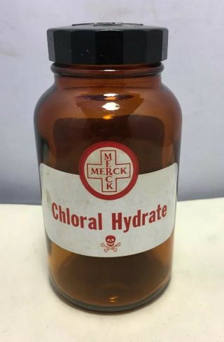 Vntg Merck Amber Acl Label Chloral Hydrate Poison Bottle Skull & Cross Bones