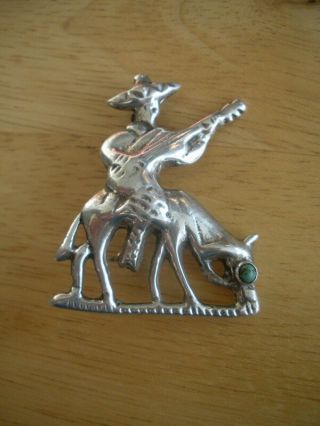 Vintage Mexican Sterling Silver Turquoise Hombre Man On Horse Guitar Pin