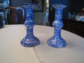 Stangl Town And Country Blue Vintage Sponge Ware Candle Stick Holders