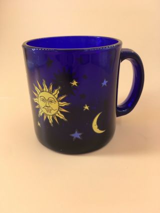 Vintage Libbey Cobalt Blue Celestial Sun Moon Stars Glass Mug Cup