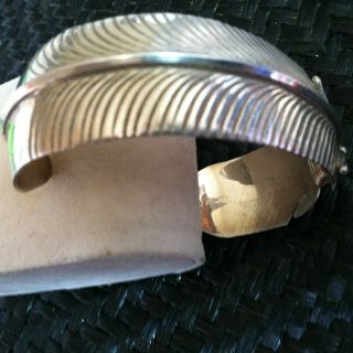 Vintage LARGE Navajo Signed VERDY JACK Sterling Silver Feather Cuff Bracelet 2