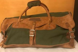 Vintage Ll Bean Duffle Bag Green Canvas W Brass Hardware,  Leather Trim Distr
