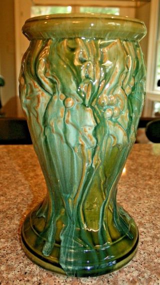 Vintage Mccoy Pottery 12.  75 " Green & Blue Blended Glaze Pedestal W/holly Pattern