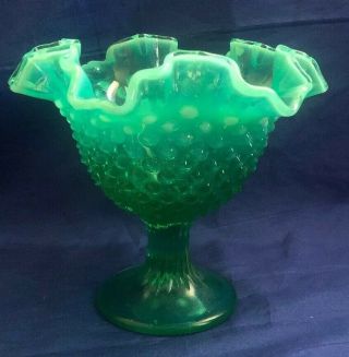 Vintage Mcm Fenton Hobnail Compote Candy Dish Green Ombré Opalescent Glass