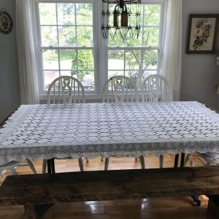 Vtg Hand Crocheted Cotton Farmhouse Tablecloth Doily 94”x60” Lace Ivory